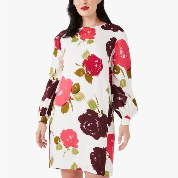 Kate Spade New York Size XXS Red Green Just Rosy Silk Blend Floral Shift Dress - Picture 1 of 16
